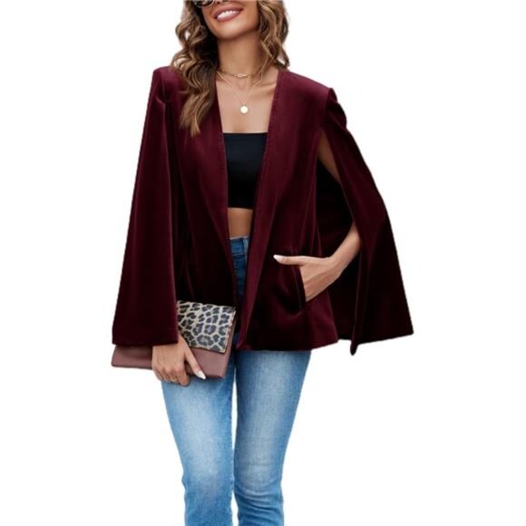 Women's Velvet Cape Blazer Jackets Casual Split Long Sleeve Open